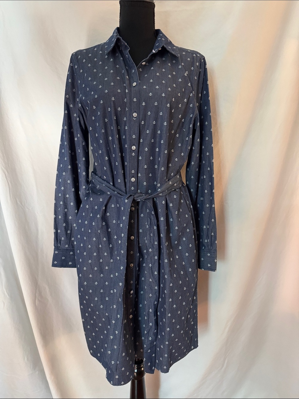 Brooks Brothers Navy Button-Front Dress with Anchor Print and Buttons